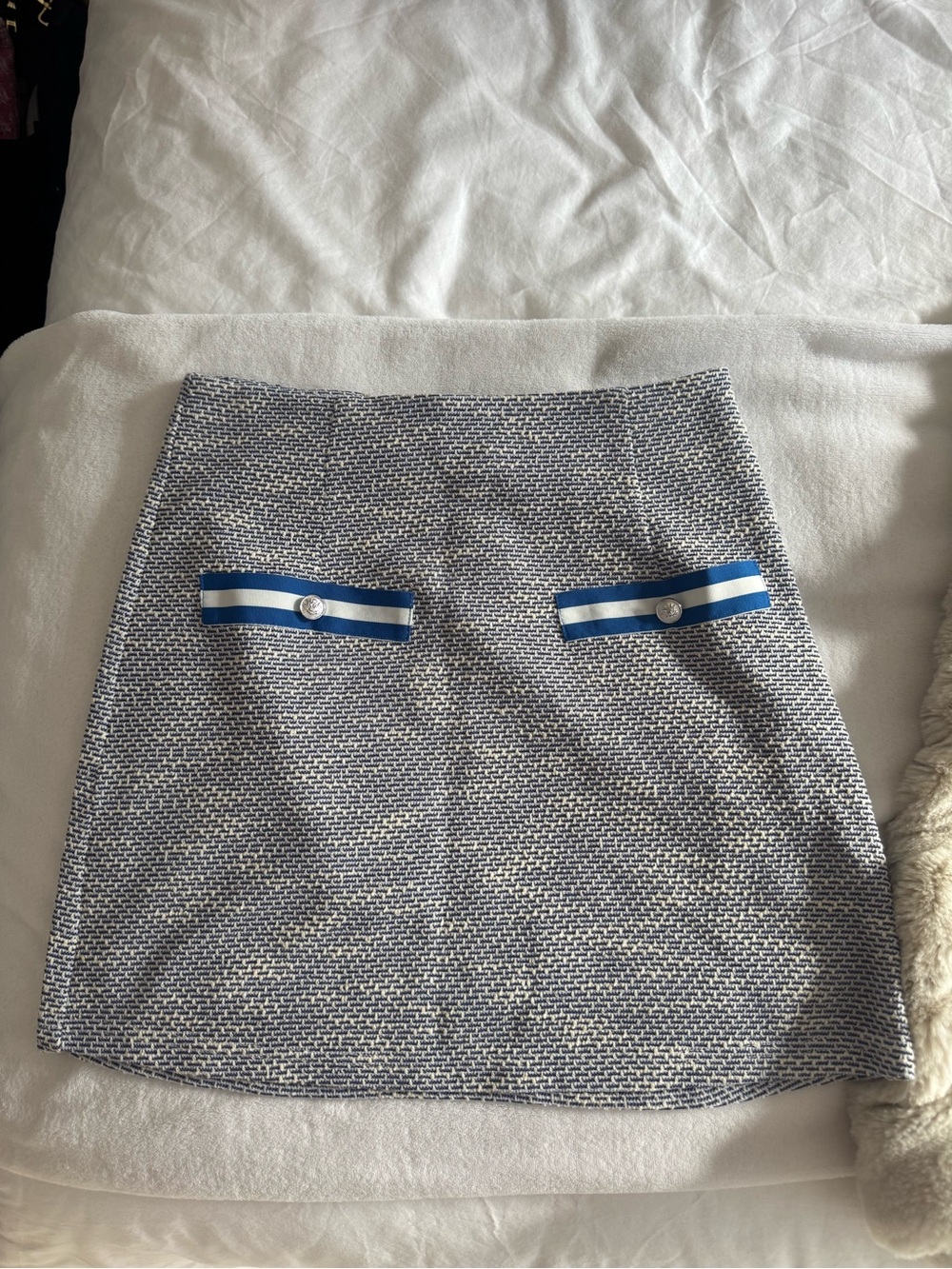 Aqua Navy and White Tweed Mini Skirt with Blue Ribbon Details